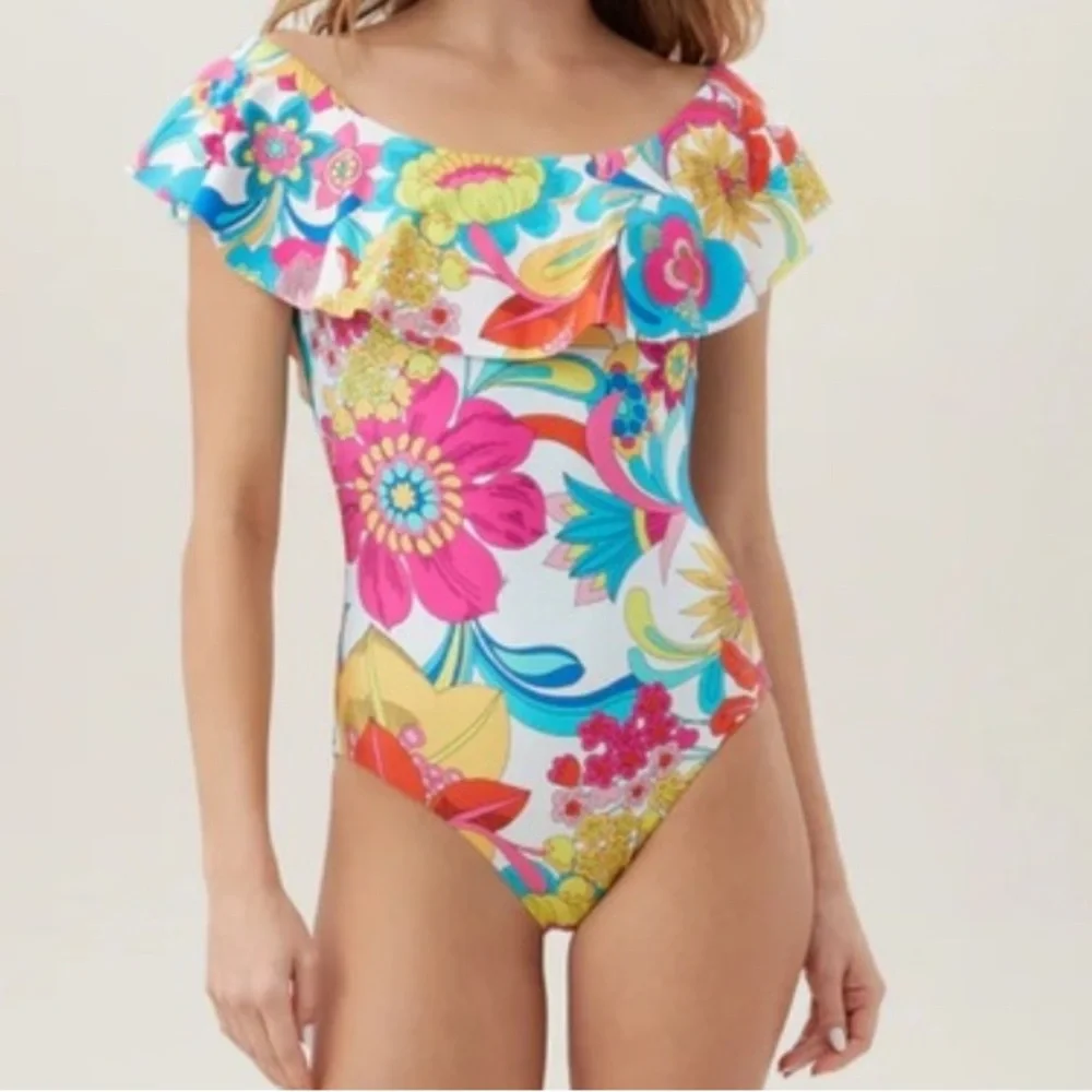 Gorgeous Colorful Trina Turk Fontaine Bandeau Ruffle One-Piece Size 14 NWT - Picture 10 of 16